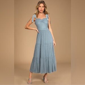 Lulus Just Your Darling Slate Blue Tie-Strap Swiss Dot Midi Dress Size XL NWT